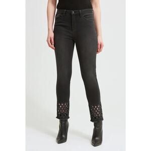Joseph Ribkoff Women Black Jeans Cross Hatch Cropped Embellished Cut Out Raw Hem